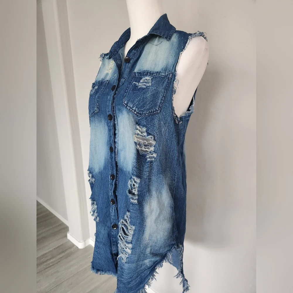 Thrill Jeans Sleeveless Denim Distressed Collared Top Shirt Blouse High Low Sz M - Picture 7 of 14
